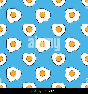 vector seamless breakfast pattern with fried eggs on blue background. colorful wallpaper design with cooked egg symbols, flat style Stock Vector