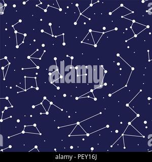 vector constellation seamless background pattern. zodiac map with stars in blue space. astronomy abstract illustration with astrological symbols. nigh Stock Vector