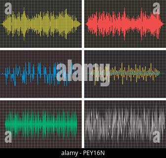 vector music backgrounds of audio sound waves pulse, equalizer voice frequency, black and white set Stock Vector