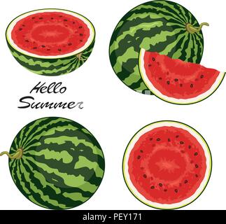 vector watermelon set isolated on white background. juicy ripe watermelon slices and whole watermelons for healthy food backgrounds. hello summer illu Stock Vector