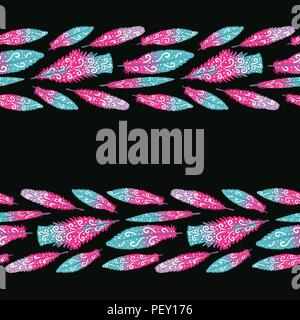 Vector Background with stripes of bright hand drawn feathers isolated on black Stock Vector