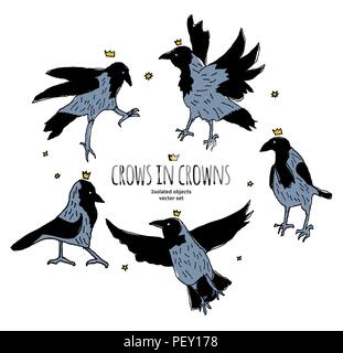 Crows in crowns set isolated birds on white Stock Vector