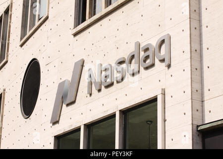 Copenhagen, Denmark - August 17, 2018: Nasdaq logotype on stock exchange building Stock Photo