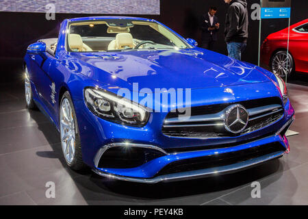 BRUSSELS - JAN 12, 2016: Mercedes AMG SL65 Convertible Roadster car showcased at the Brussels Motor Show. Stock Photo