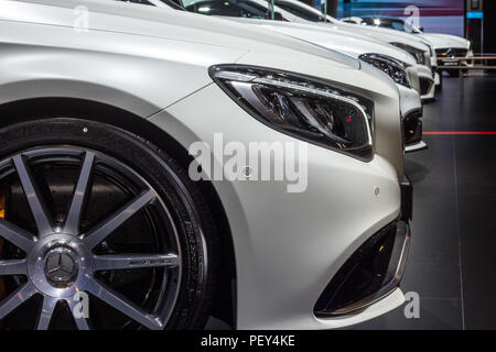 BRUSSELS - JAN 12, 2016: Row of Mercedes AMG cars on display at the Brussels Motor Show. Stock Photo