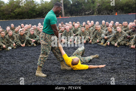 A recruit from Mike Company, 3rd Recruit Training Battalion, applies a choke  hold during a Marine Corps Martial Arts Program test at Marine Corps  Recruit Depot San Diego, July 20. The recruits