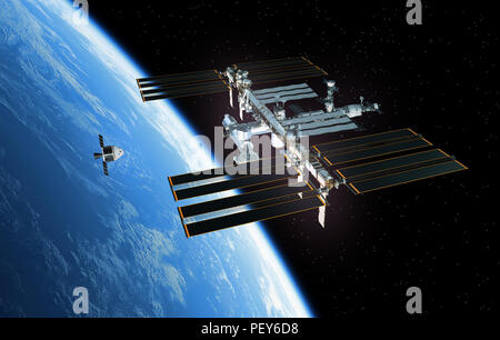 Spaceship Is Preparing To Dock With International Space Station. 3D Illustration. Stock Photo
