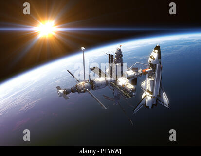 Space Shuttle And Space Station In The Rays Of Sun. 3D Illustration. Stock Photo