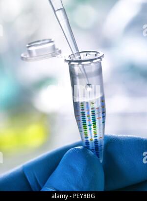Composite image of DNA (deoxyribonucleic acid) test results on an Eppendorf tube containing a DNA sample. Stock Photo