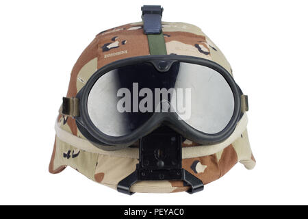 army kevlar helmet with goggles, NVG mount and camoflage cover isolated on white background Stock Photo