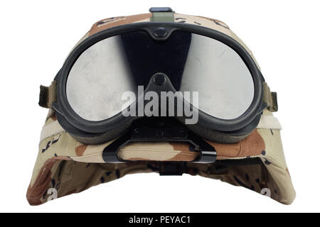 army kevlar helmet with goggles, NVG mount and camoflage cover isolated on white background Stock Photo