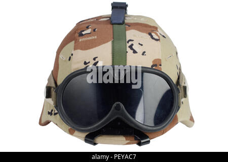 army kevlar helmet with goggles, NVG mount and camoflage cover isolated on white background Stock Photo