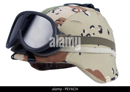 army kevlar helmet with goggles, NVG mount and camoflage cover isolated on white background Stock Photo