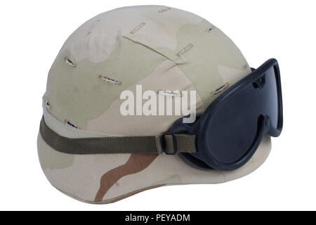 army kevlar helmet with goggles and camoflage cover isolated on white background Stock Photo