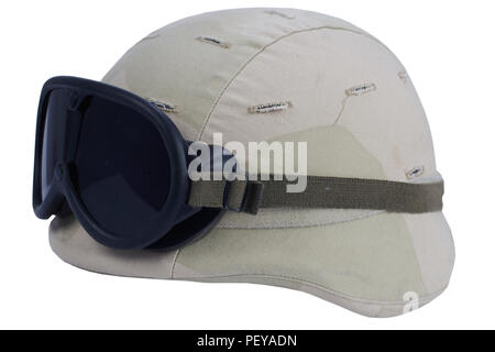 army kevlar helmet with goggles and camoflage cover isolated on white background Stock Photo