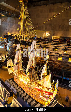 Model of Vasa ship in front of the real thing at museum in Stockholm Stock Photo