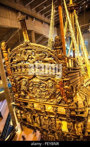 The carved stern of the wooden Danish ship Vasa that sank in 1826 on itas maiden voyage out of Stockholm but was salvaged in 1961 and subsequently res Stock Photo