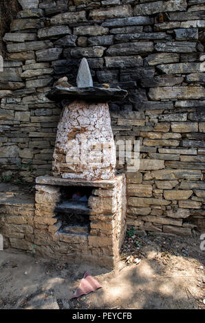 Fireplace at Taksang Monastery, Paro, Bhutan - Taktsang Palphug Monastery also known as Tiger's Nest is a prominent Himalayan Buddhist sacred site and Stock Photo