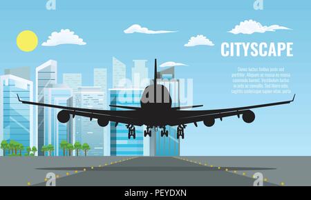 Silhouette of Plane landing or taking off over modern cityscape. Flat and solid color travel concept background vector. Stock Vector