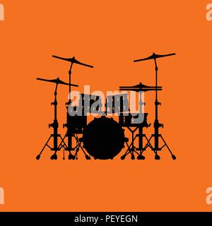 Drum set icon. Orange background with black. Vector illustration. Stock Vector
