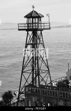 Guard Tower at Boat Dock, Alcatraz Prison, Alcatraz Island, San Francisco Bay, California, USA Stock Photo