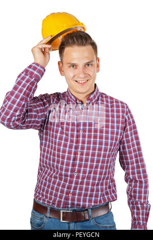 Portrait of handsome craftsman wearing yellow protective helmet on isolated Stock Photo