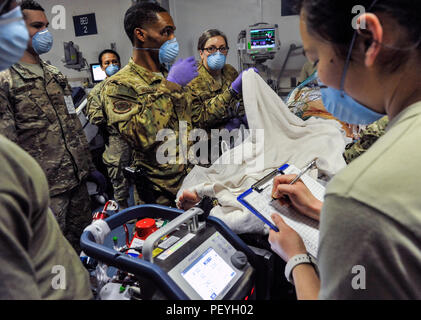 A 455th Expeditionary Medical Group team combines efforts with the Extracorporeal Membrane Oxygenation team to save the life of a NATO ally at the Craig Joint-Theater Hospital at Bagram Air Field, Afghanistan, on Feb. 18, 2016. The ECMO team, dispatched from San Antonio Military Medical Center, uses technology that bypasses the lungs and infuses the blood directly with oxygen, while removing the harmful carbon dioxide from the blood stream. The patient was airlifted to Landstuhl Regional Medical Center, Germany, where he will receive 7 to 14 days of additional ECMO treatment. (U.S. Air Force p Stock Photo