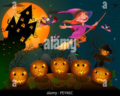 Night on Halloween. A little witch flies on a broom.  Joyful little witch flying on a broomstick in the night sky, against the backdrop of a castle, a Stock Vector