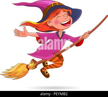 A little witch flies on a broom. Witch with a broom on a white background. Stock Vector