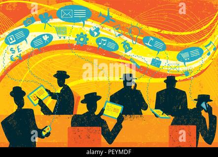 Social Media Marketing. Six businessmen engaged in marketing via social media. Stock Vector