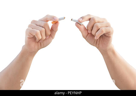 Stop cigarette, man hands breaking the cigarette isolated on white with clipping path Stock Photo