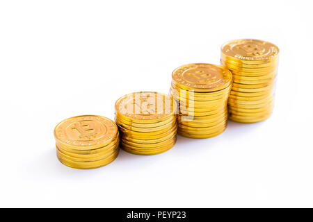 Golden bitcoin coins stack. Isolated on white background with clipping path Stock Photo