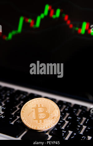 Golden bitcoin coins on keyboard laptop with trading chart background Stock Photo
