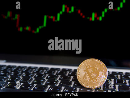Golden bitcoin coins on keyboard laptop with trading chart background Stock Photo