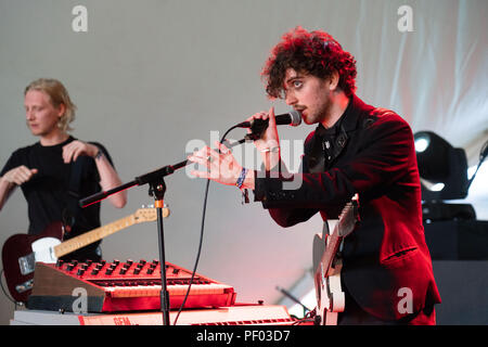 Glanusk Park, Brecon, Wales, 17th August 2018.  Day One of the Green Man music festival in the Brecon Beacons Mountains in Wales. Pictured: UK band The Hungry Ghosts play the Rising Stage. Credit: Rob Watkins/Alamy Live News Stock Photo