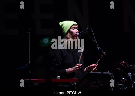 Glanusk Park, Brecon, Wales, 17th August 2018.  Day One of the Green Man music festival in the Brecon Beacons Mountains in Wales. Pictured: Dirty Projectors play the main Mountain Stage. Credit: Rob Watkins/Alamy Live News Stock Photo