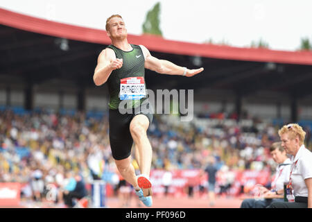 Birmingham, UK. 18th August 2018. Greg Rutherford competes his final Men's Long Jump during 2018 IAAF Diamond League - Birmingham at Alexander Stadium on Saturday, 18 August 2018. BIRMINGHAM, ENGLAND. Credit: Taka G Wu Credit: Taka Wu/Alamy Live News Stock Photo