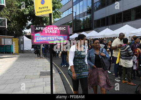 Hundreds attend The Africa Centre Summer Festival 2018 celebrating African and diaspora music, dance, fashion and art! with hundreds of stall and delicrous food and drink at The Africa Centre on 18 August 2018, Southwark, London, UK. Stock Photo