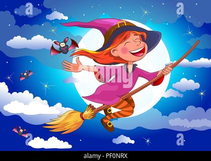 Night on Halloween. A little witch flying on a broomstick. A joyous little witch flies on a broomstick in the night sky, against the background of the Stock Vector
