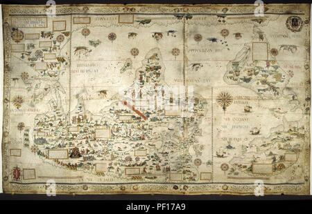 '[Whole map] Desceliers map of the world; with illuminated borders, drawings, and the arms of France, Montmorency and Annebaud.' Stock Photo