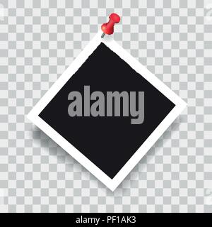 Realistic photo frame with red pin, vector illustration on transparent background Stock Vector