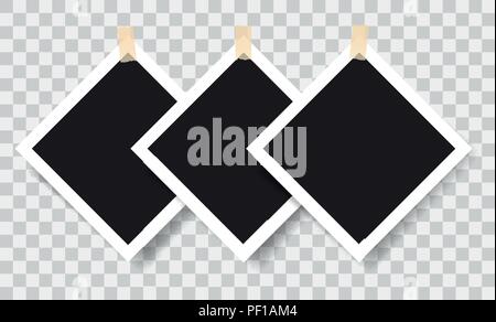 Realistic photo frames with adhesive tapes, vector illustration on transparent background Stock Vector