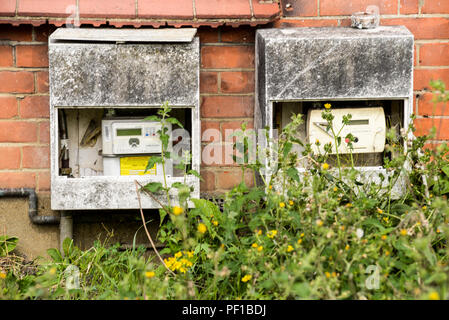 Damaged and decrepit gas and electric meters. Overgrown garden. Weeds. House. Property Stock Photo