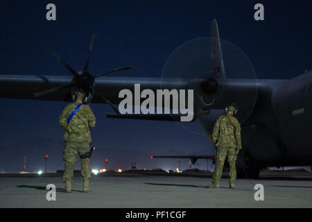 Senior Airman Noah Lindquist 774th Expeditionary Airlift Squadron Loadmaster Tests His Night Vision Goggles In The Back Of A C 130j Super Hercules Before A Sortie At Bagram Air Field Afghanistan Feb 22