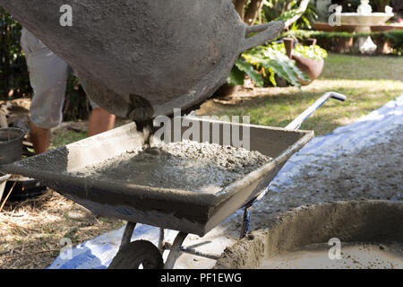 Workers pouring concrete from mixer into wheelbarrow Stock Photo