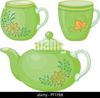 Green China Teapot and Cups with a Pattern of Flowers and Leaves, Isolated on White Background. Vector Stock Vector