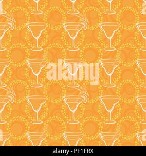 Seamless, glasses with a drink, white silhouettes on orange background with circles. Vector Stock Vector