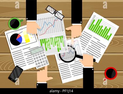 Analysis data chart and diagram. Team work business. Team business, diagram marketing research, management planning, vector illustration Stock Vector