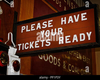 A 'tickets ready' sign at the Ingrow rail museum on the HWVR line Stock Photo