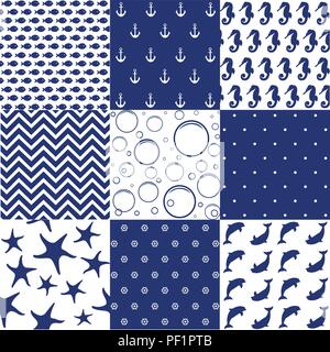 Sea seamless patterns, nautical design, marine elements Stock Vector